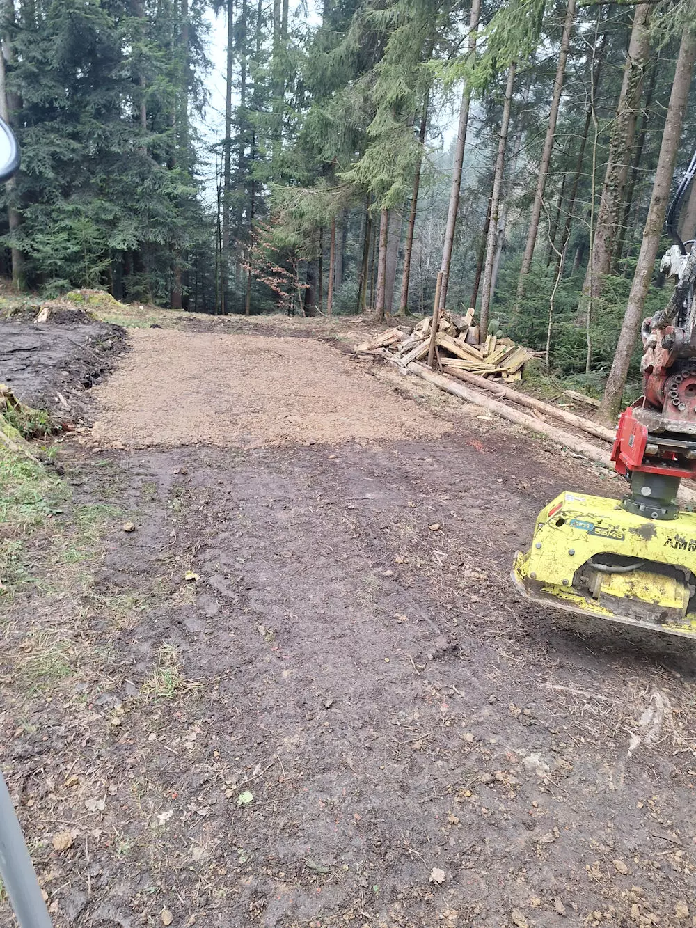Weggestaltung, Wald, Baggerarbeiten, Erdbewegungen, Schmid Erdbau, Erdbau Leiblachtal